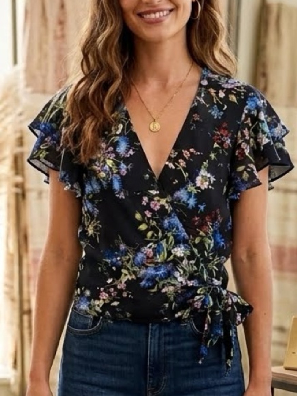 Parker Floral Flutter Sleeve Wrap Style Black Top NWT